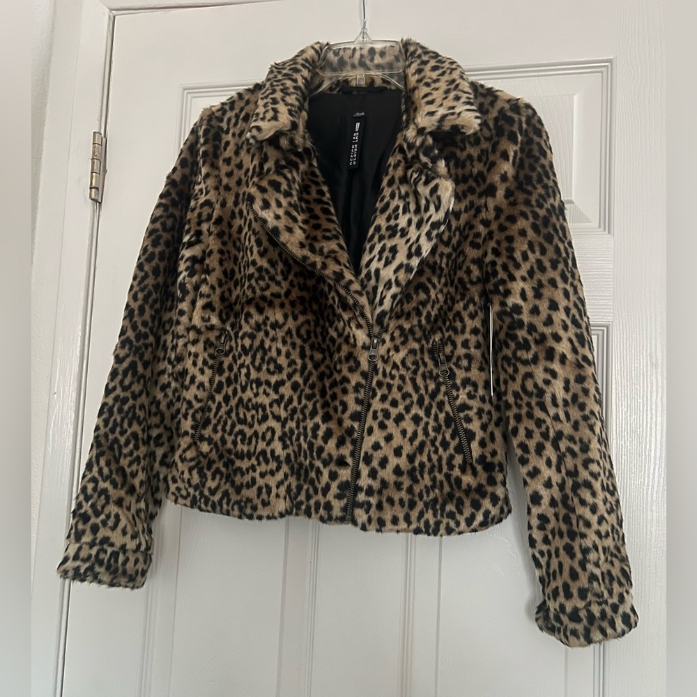 Design Lab Lord & Taylor Leopard Faux Fur Moto Jacket XS